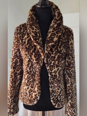 Tulle Leopard Print Faux Fur Plush Shawl Collar Y2K Retro Blazer Jacket Coat M